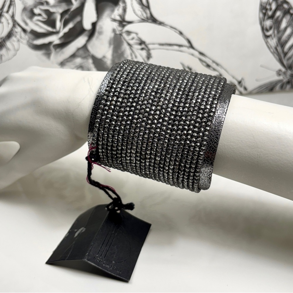 Natalia Brilli Gunmetal Silver 100% Lambskin “Academia” Wide Cuff Bracelet